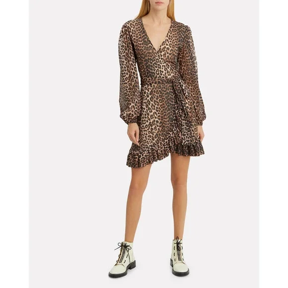 Ganni Animal Print Mesh Mini Wrap Dress Size Small 36 - Picture 13 of 15